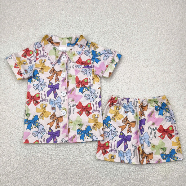 5.27 Sibling Baby Girls Colorful Bows Buttons Shirt Shorts Pajamas Clothes Sets