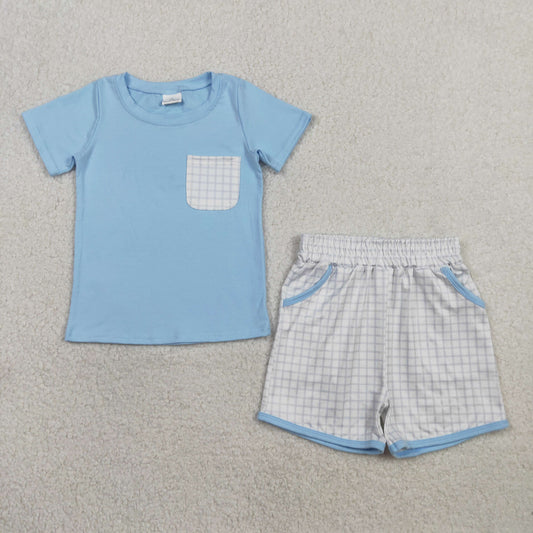 BSSO1762 Kids Baby Boy Blue Short Sleeve Shirts Top Checked Pockets Shorts Clothes Sets