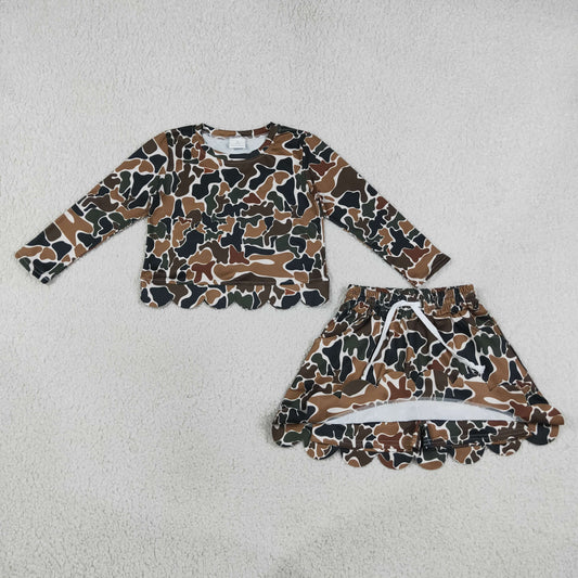 GLD1617 Kids Clothing Baby Girls Long Sleeve Dark Brown Camo Top Skirt Short Scallop Clothes Set