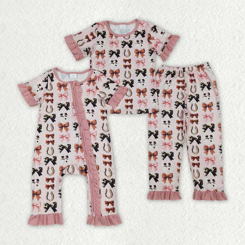 7.10 Sibling Baby Girls Pink Western Bows Horse Shoes Rompers Pajamas