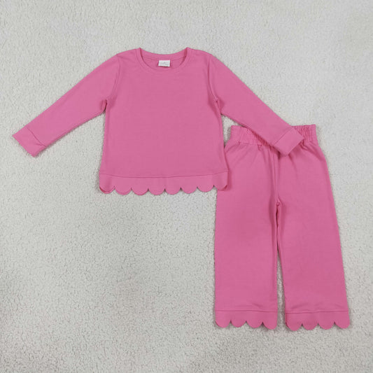 GLP3294 Kids Clothing Baby Girls Pink Long Sleeve Top Pants Scallop Pajamas Clothes Sets