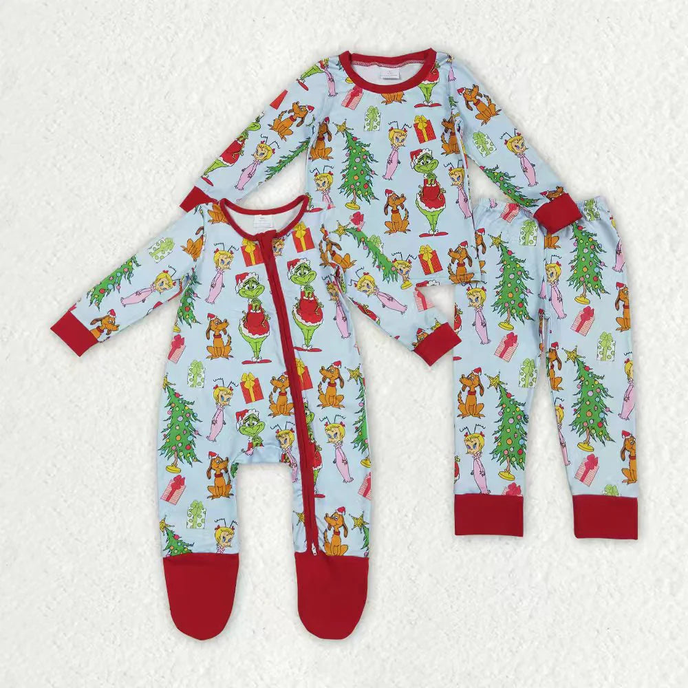 Sibling Baby Kids Boys Green Face Miss Christmas Pajamas Set Zipper Footed Romper