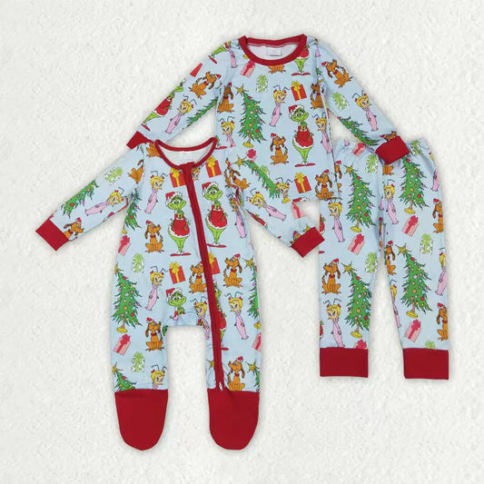 Sibling Baby Kids Boys Green Face Miss Christmas Pajamas Set Zipper Footed Romper