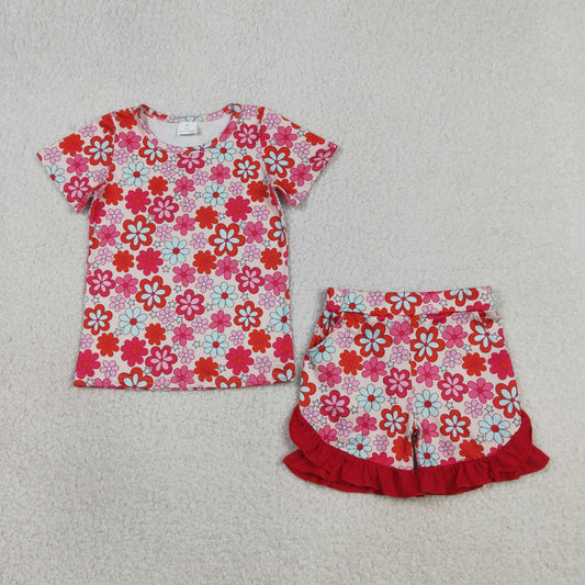 GSSO3471 Kids Baby Girls Colorful Small Flowers Top Ruffle Shorts Clothes Sets