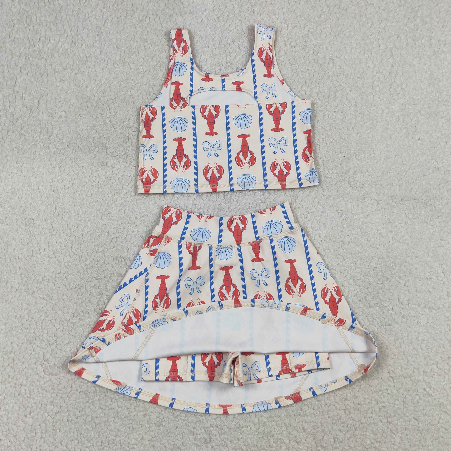 GSD3626 Kids Baby Girls Bows Crayfishes Stripe Vest Top Skirt Short Yoga Active Clothes Sets