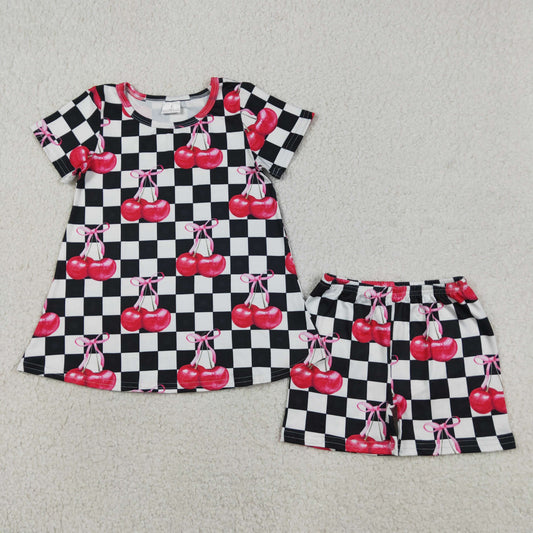 GSSO3075 Kids Baby Girls White Black Checked Cherry Tunic Shorts Clothes Sets