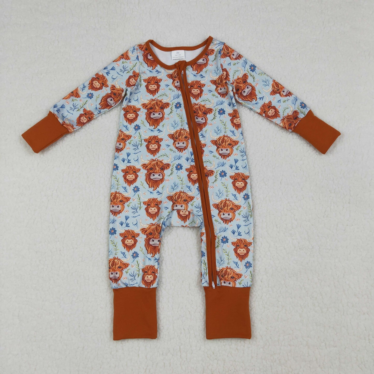 LR1787 Newborn Baby Girls Highland Cows Flowers Western Two Way Zip Convertible Rompers