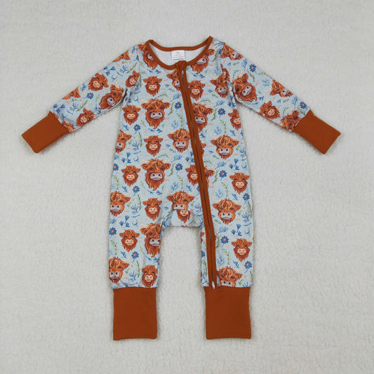 LR1787 Newborn Baby Girls Highland Cows Flowers Western Two Way Zip Convertible Rompers