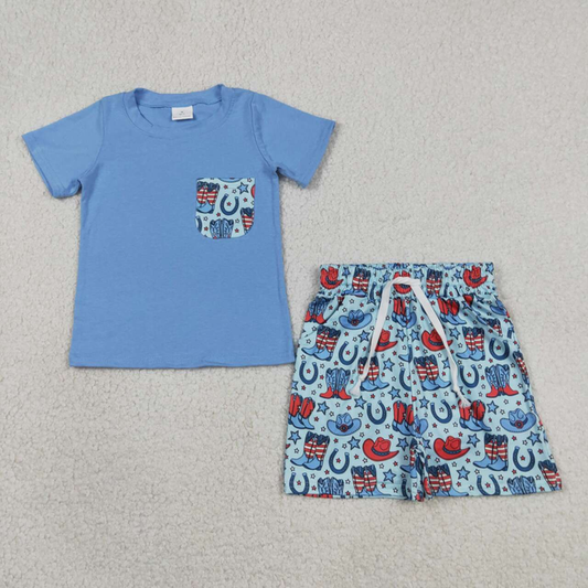 BSSO1829 Kids Baby Boys Pocket Shirts Stars Hats Boots Short 4th of July Western Clothes Sets
