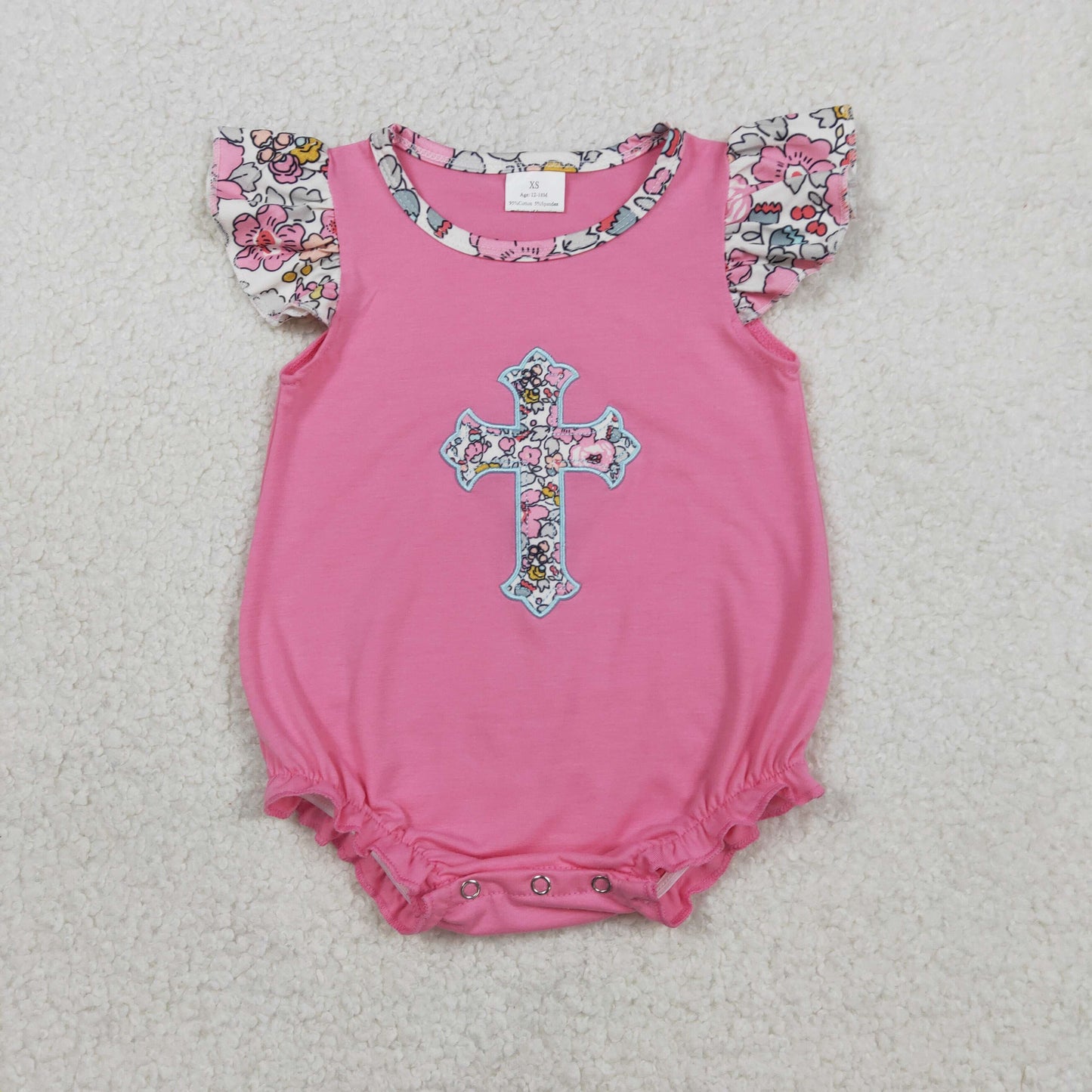 RTS NO MOQ（In Stock) SR3845 Embroidered Floral Cross Pink Vest Jumpsuit