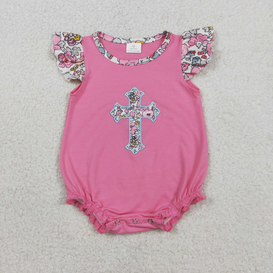 RTS NO MOQ(In Stock) SR3845 Embroidered Floral Cross Pink Vest Jumpsuit