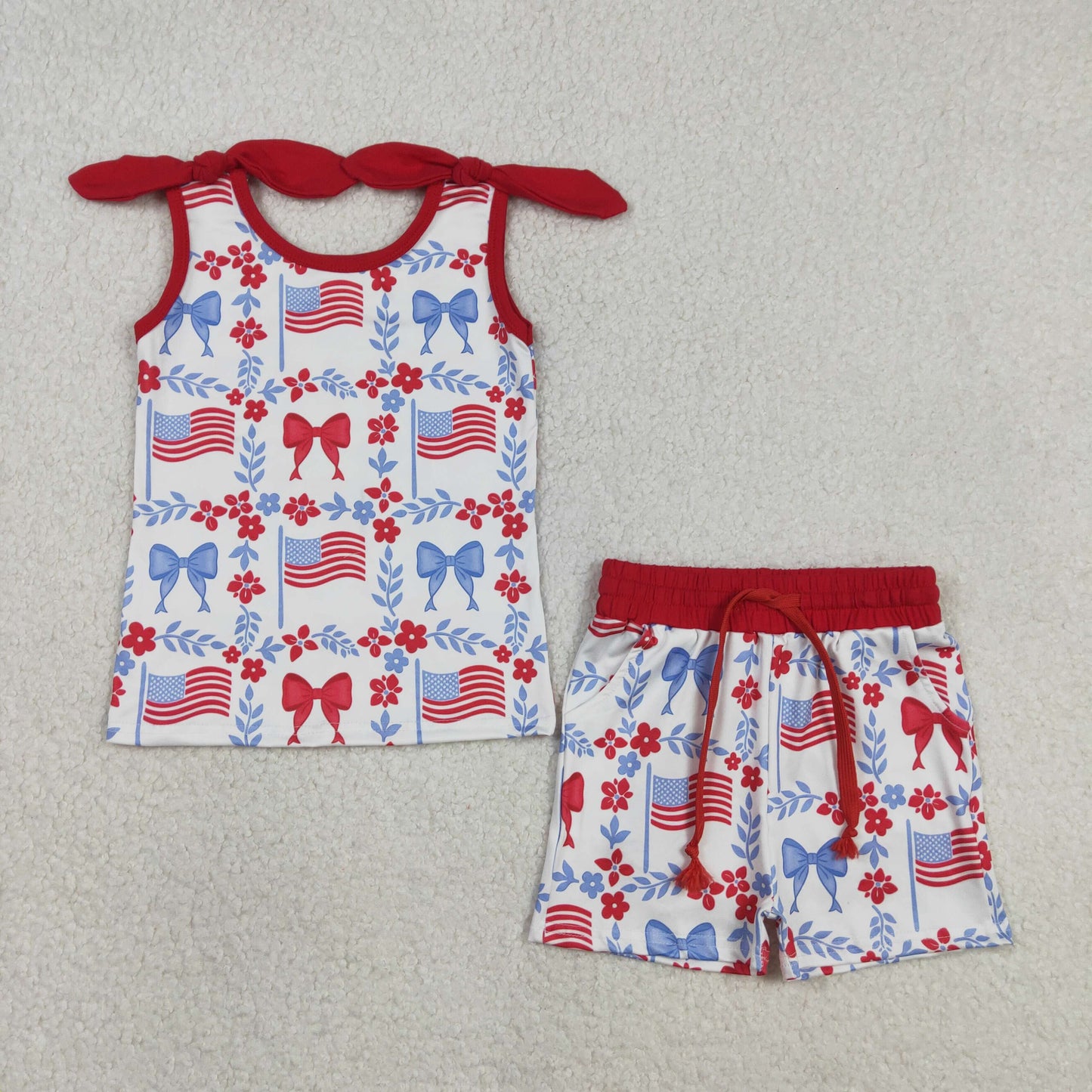 GSSO3094 Kids Baby Girl Red Blue Flowers Flags Top Pockets Short 4th of July Clothes Sets