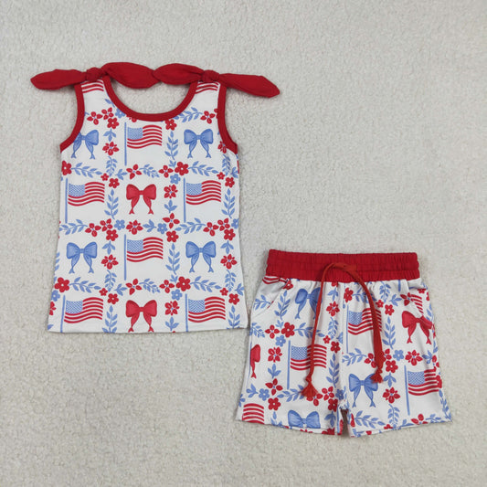 GSSO3094 Kids Baby Girl Red Blue Flowers Flags Top Pockets Short 4th of July Clothes Sets