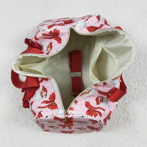 6.26 BA0306 Red Ruffle Bows Santa Print Zipper Gym Bags
