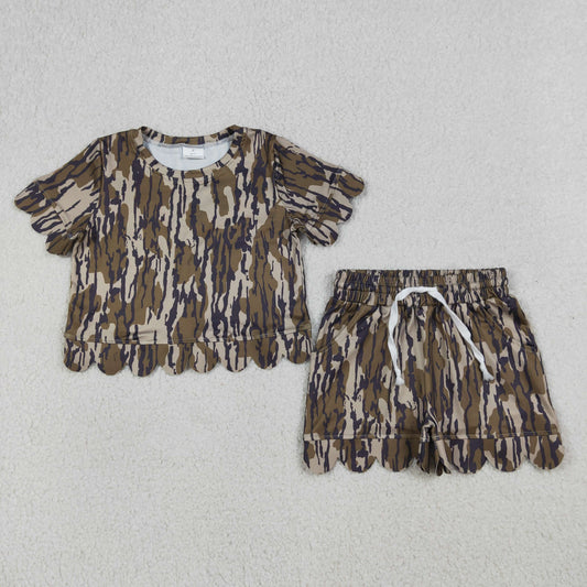 GSSO3225 Kids Baby Girls Southern Olive Camo Top Shorts Scallop Clothes Sets