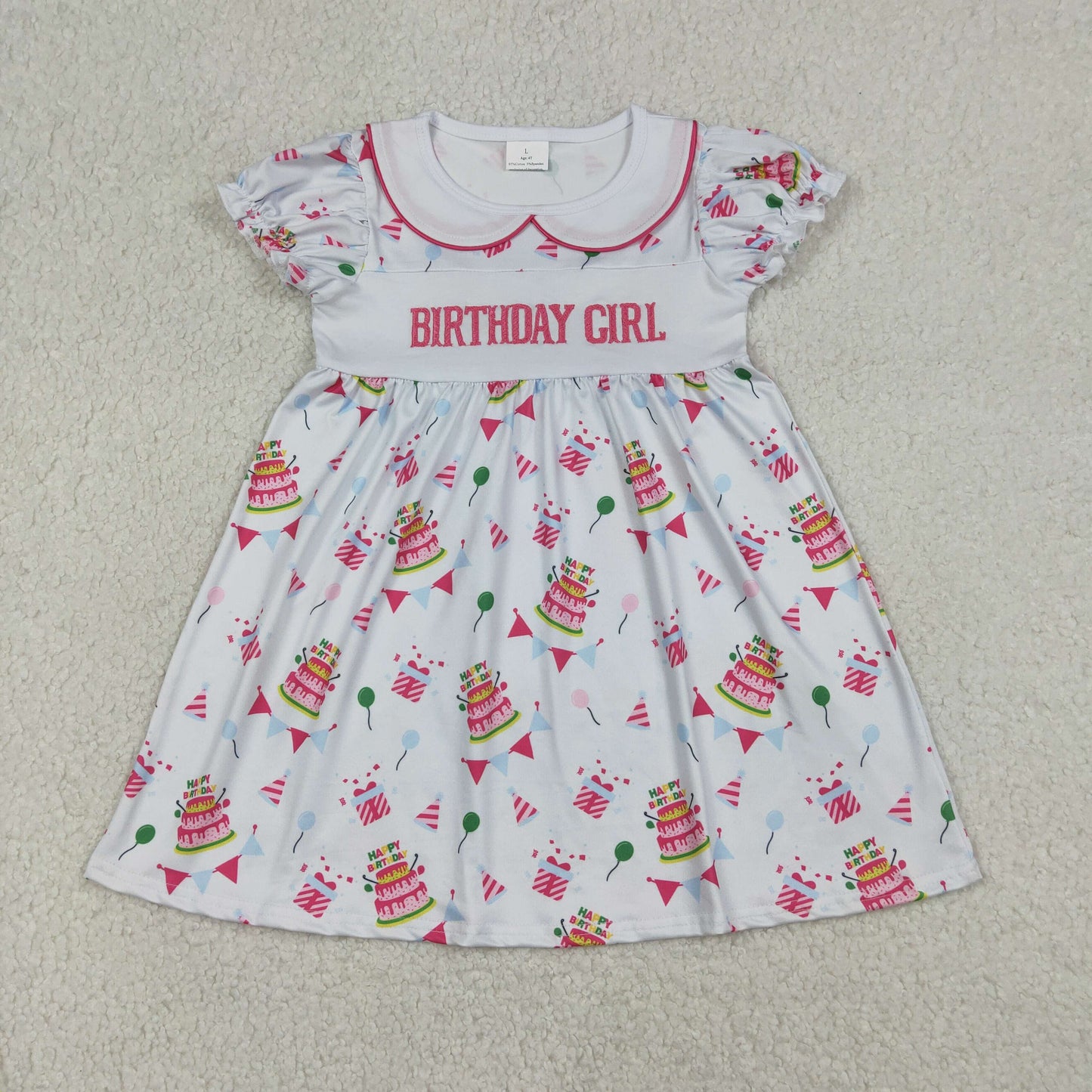 12/18m-14/16t RTS NO MOQ（In Stock) GSD2854 Embroidered Birthday Girl Short-Sleeve Dress with Balloon Collar