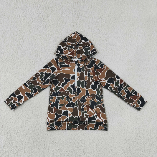 BT1851 Kids Baby Boys Long Sleeve Southern Dark Brown Camo Zip Pocket Hoodies Top