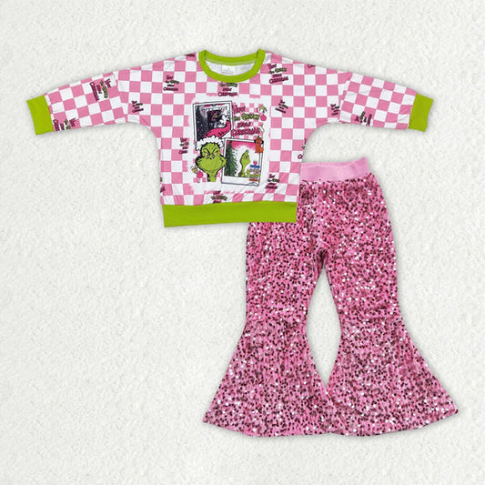 GT0733+D5-27 Baby Girls Christmas Pink Frog Shirt Sequin Bell Pants Clothes Set