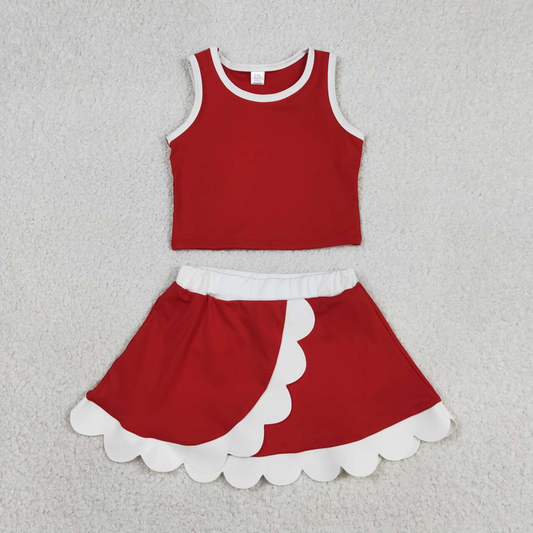GSD4016 Kids Baby Girls Sleeveless Red White Vest Scallop Skirt Short Yoga Active Clothes Set