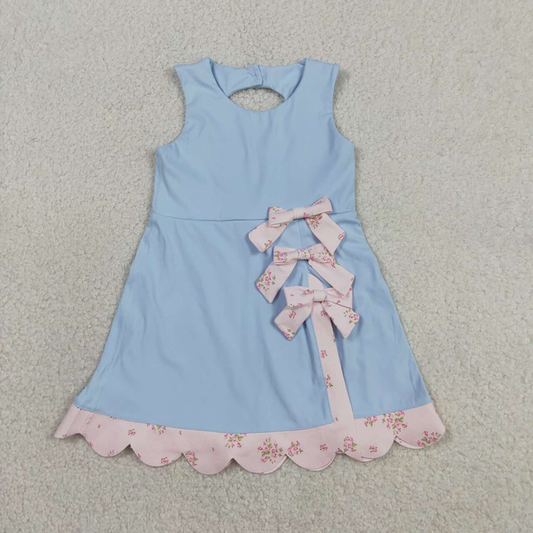 GSD3030 Kids Baby Girls Light Blue Yoga Active Bows Shorts Scallop Knee Length Dresses