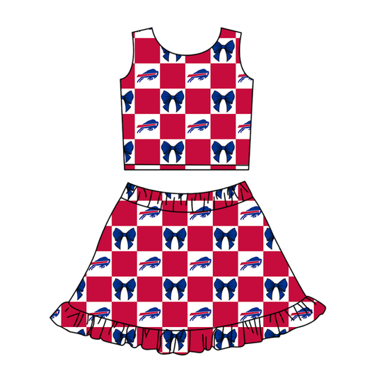 Custom Milk Silk Order MOQ:3 or 5 pcs Each Design Team State Girl Summer Bow Blue And Red Sleeveless Skirts Sets