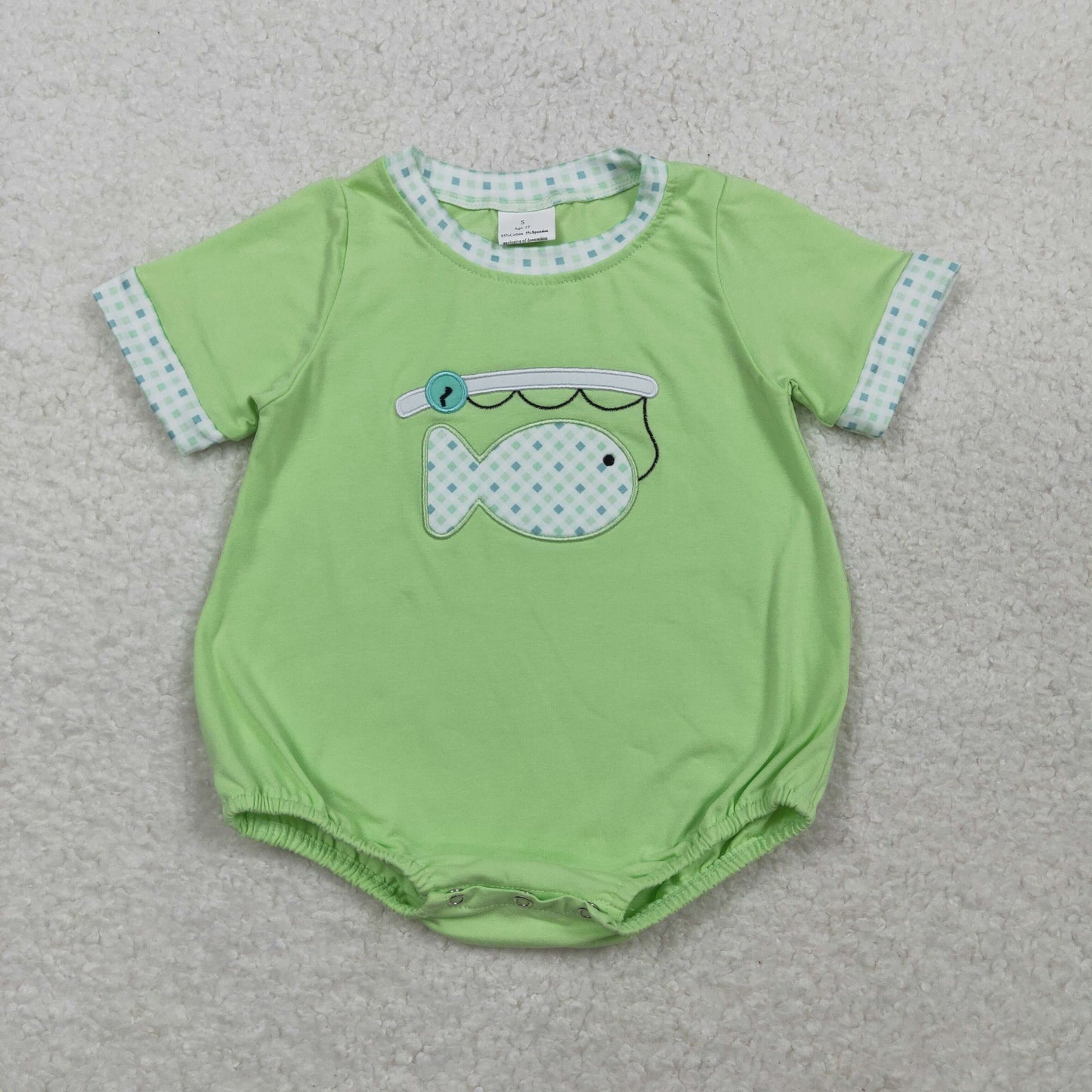 SR3750 Baby Boy Embroidery Fishes Green Short Sleeve Hunting Rompers