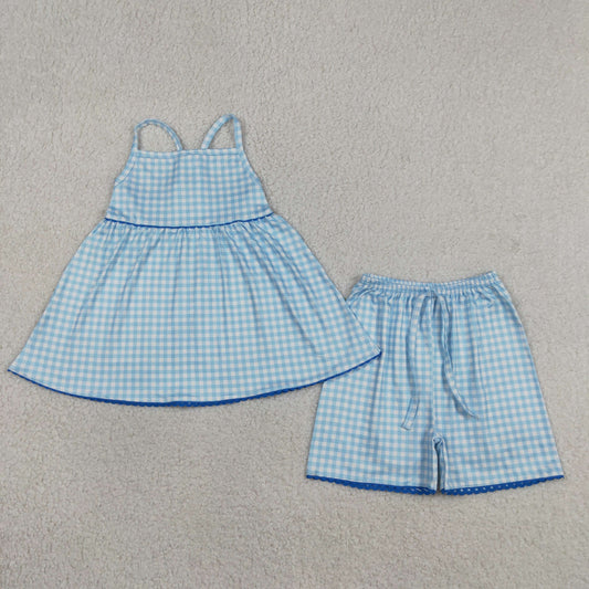 GSSO3418 Kids Baby Girls Strap Blue Checked Tunic Short Clothes Sets