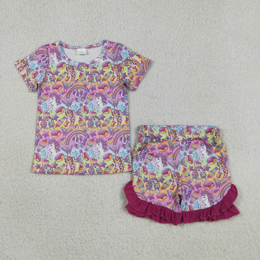 GSSO3472 Kids Baby Girls Stars Cartoon Animals Top Ruffle Shorts Clothes Sets