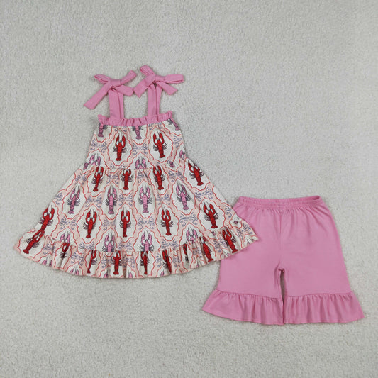 GSSO3299 Kids Baby Girls Strap Bows Crayfishes Checked Tunic Ruffle Shorts Clothes Sets