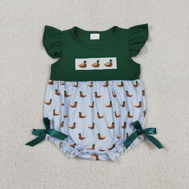 SR4091 Newborn Embroidery Ducks Baby Girls Green Flutter Sleeve Hunting Ruffle Rompers
