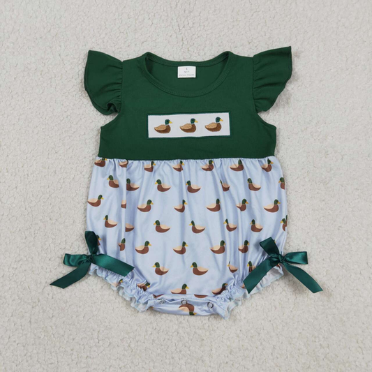 SR4091 Newborn Embroidery Ducks Baby Girls Green Flutter Sleeve Hunting Ruffle Rompers