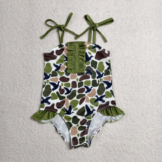 S0744 Kids Baby Girls Strap Southern Green Camo Ducks Hunting Swimsuits
