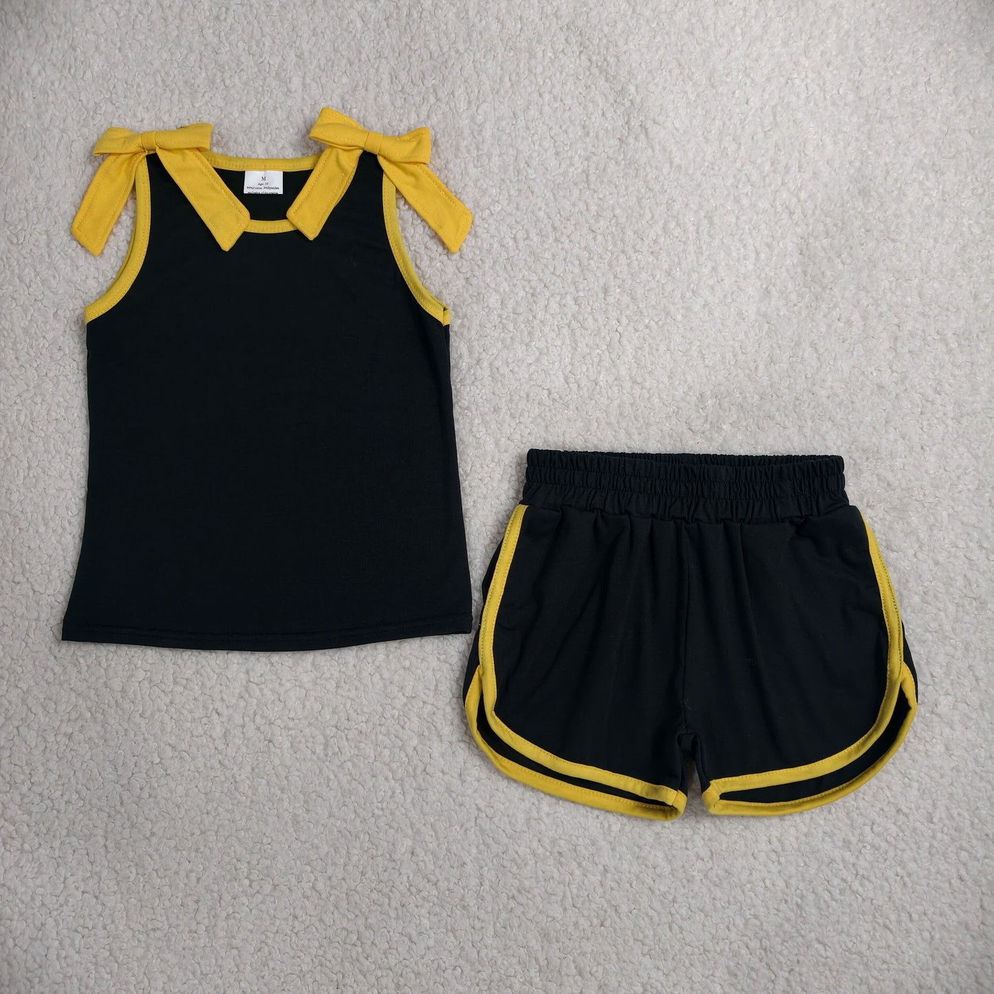 GSSO3823 Kids Clothing Baby Girls Yellow Bows Black Sleeveless Top Short Clothes Sets