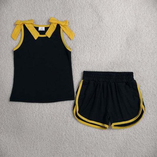 GSSO3823 Kids Clothing Baby Girls Yellow Bows Black Sleeveless Top Short Clothes Sets