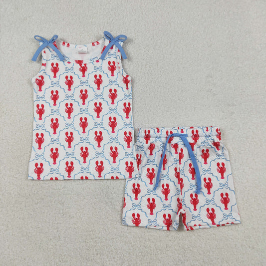 RTS NO MOQ(In Stock) GSSO3005 Lobster blue bow pattern plaid sleeveless shorts set