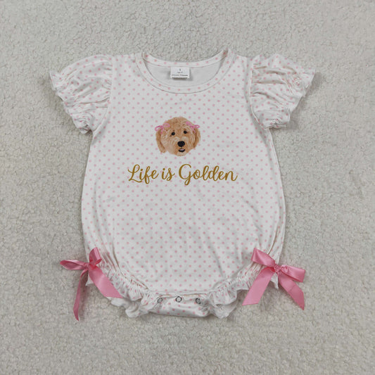 SR3779 Newborn Baby Girl Pink Polka Dots Dogs Life is Golden Ruffle Rompers
