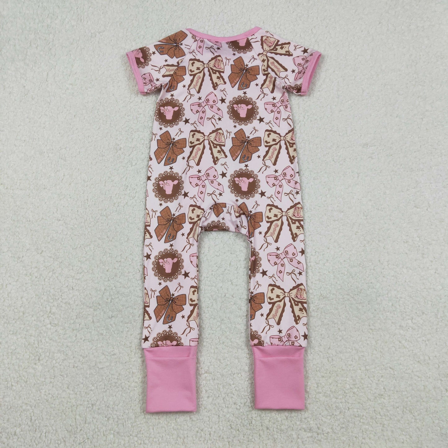 RTS NO MOQ（In Stock) SR3763 Bull Head Star Bow Pattern Pink Zipper Short-Sleeve Jumpsuit