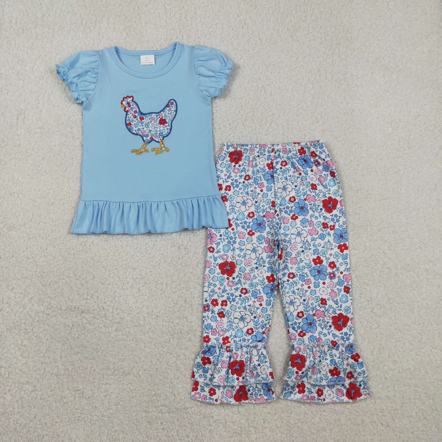 GSPO2261 Kids Baby Girl Embroidery Floral Chick Tunic Top Ruffle Pants Farm Clothes Set