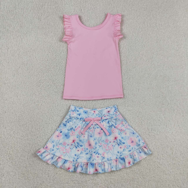 GSD3773 Kids Baby Girls Pink Vest Colorful Floral Pockets Skirt Short Yoga Active Clothes Set