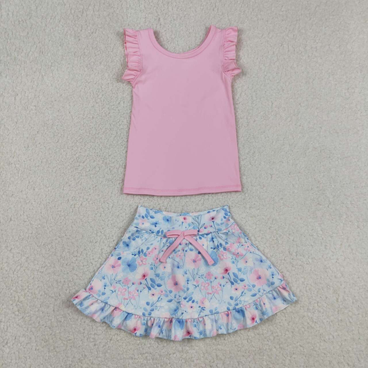 GSD3773 Kids Baby Girls Pink Vest Colorful Floral Pockets Skirt Short Yoga Active Clothes Set
