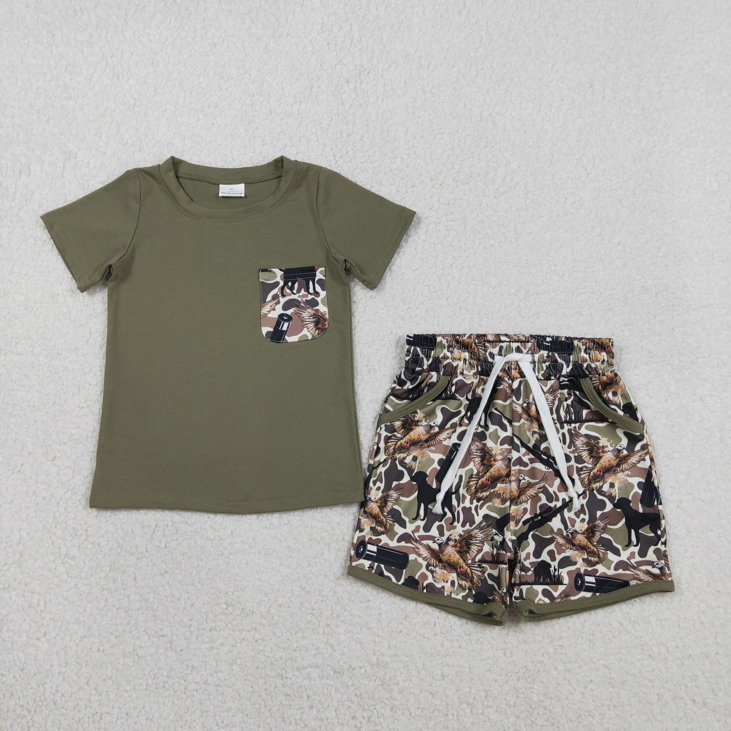 RTS NO MOQ（In Stock) BSSO1847 Duck Hunting Rifle Dark Green Camouflage Pocket Short-Sleeve Shorts Set