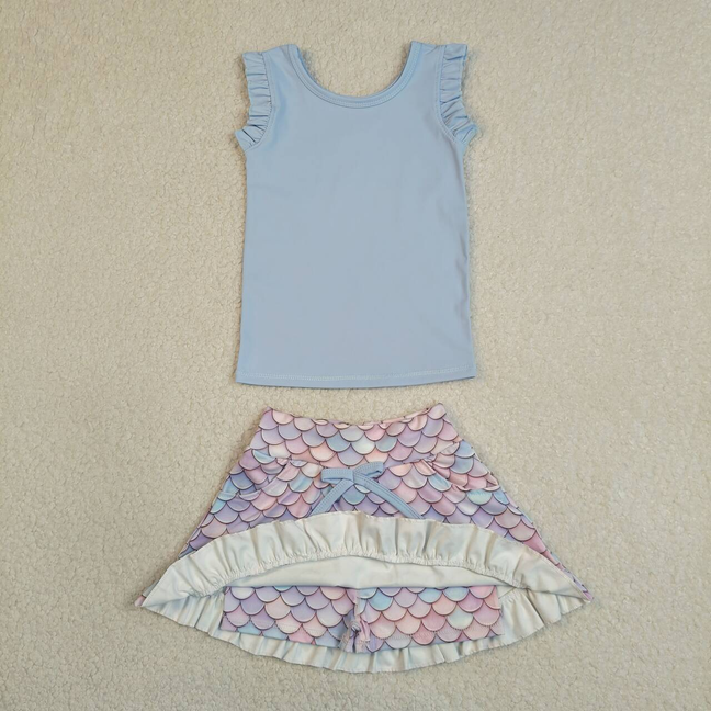 GSD3775 Kids Baby Girls Blue Vest Mermaid Pockets Skirt Short Yoga Active Clothes Set