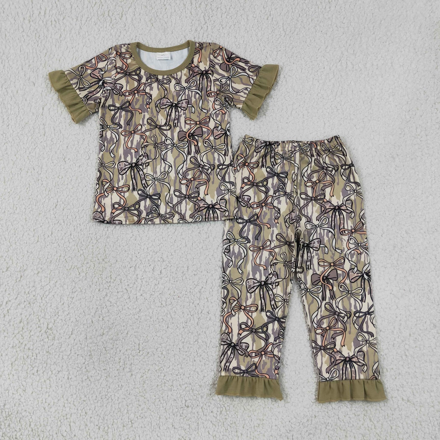 GSPO2264 Kids Baby Girls Wood Camo Bows Top Ruffle Pants Pajamas Sets