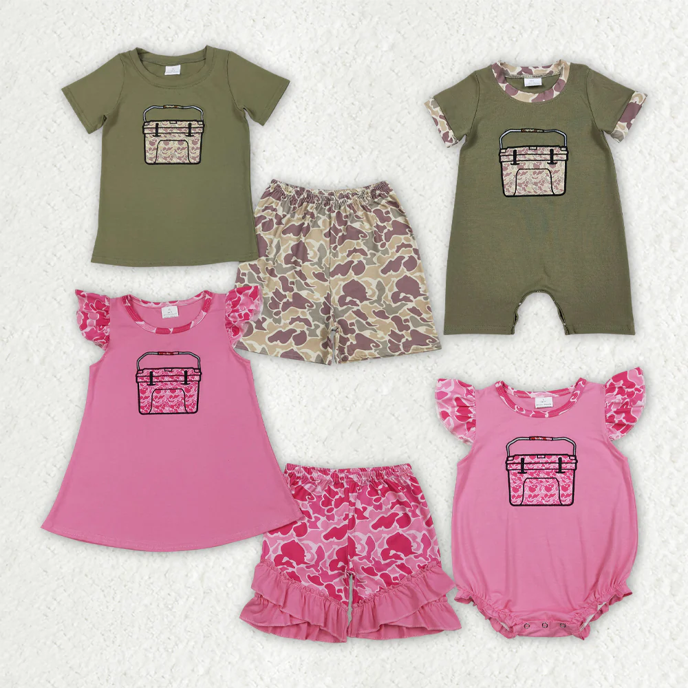 Sibling Baby girl boy clothes Embroidery camouflage short sleeve shorts sets and Rompers