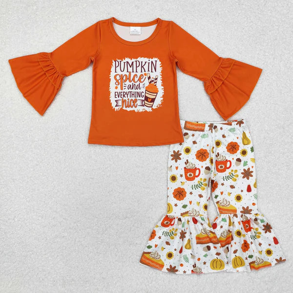 GLP1637 Baby Girls Orange Pumpkin Coffee Cups Top Bell Pants Clothes Set