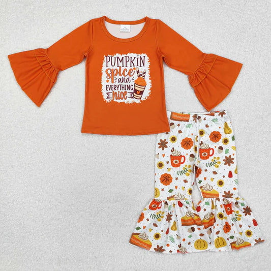 GLP1637 Baby Girls Orange Pumpkin Coffee Cups Top Bell Pants Clothes Set