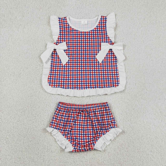 GBO0527 Kids Baby Girls Red Blue Checked Bows Tunic Bummies 4th of July Clothes Sets