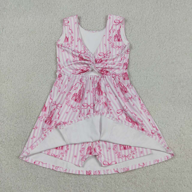 GSD3815 Kids Baby Girls Pink Stripe Bows Castles Yoga Active Short Knee Length Dresses