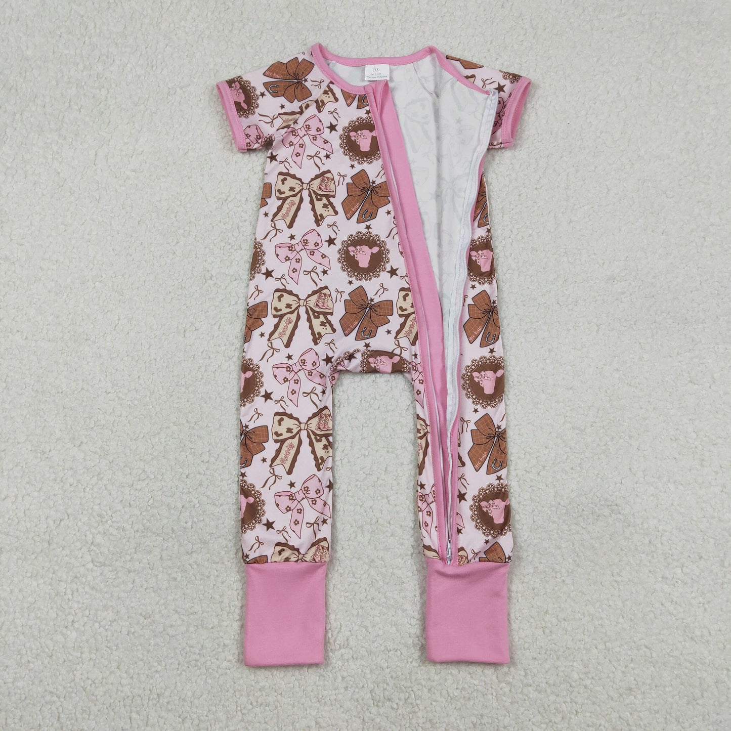 RTS NO MOQ（In Stock) SR3763 Bull Head Star Bow Pattern Pink Zipper Short-Sleeve Jumpsuit
