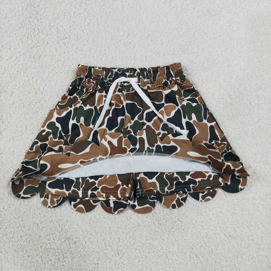 GLK0300 Kids Clothing Baby Girls Dark Brown Camo Scallop Pockets Skirt Shorts Bottom
